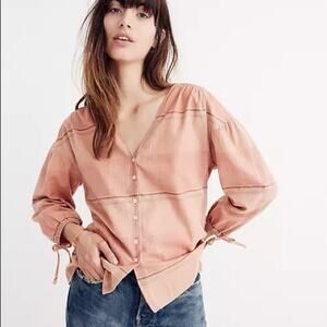 Madewell Morningview Tie-Sleeve Shirt in Peach Plaid